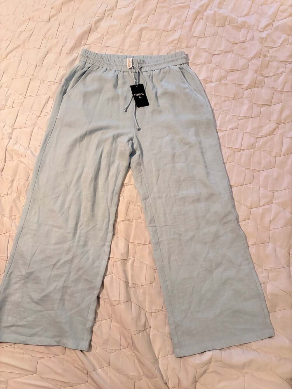 Halara Baby Blue Casual Linen Blend Wide Leg Drawstring Pants L